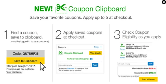 Steps to use the coupon clipboard feature to save and apply coupons at checkout.