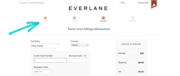 Everlane checkout page showing billing information form and order summary.