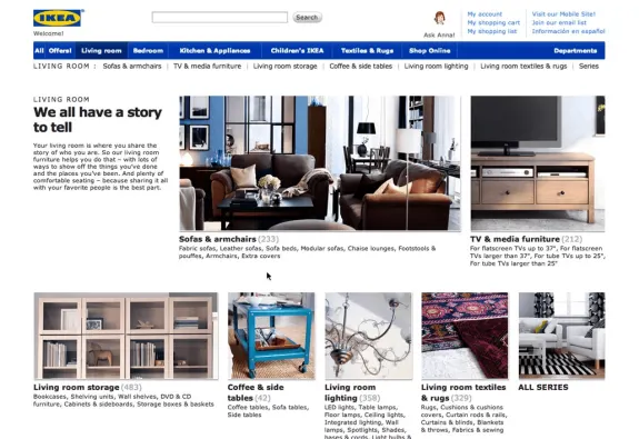 IKEA living room furniture catalog page with sofas, storage, tables, and more.