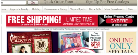 Online shopping page with free shipping promo and catalog offers.