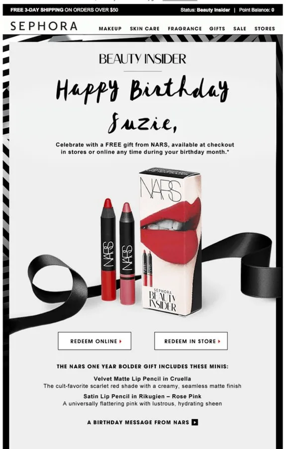 Sephora birthday gift promotion featuring NARS lip pencils and gift box.