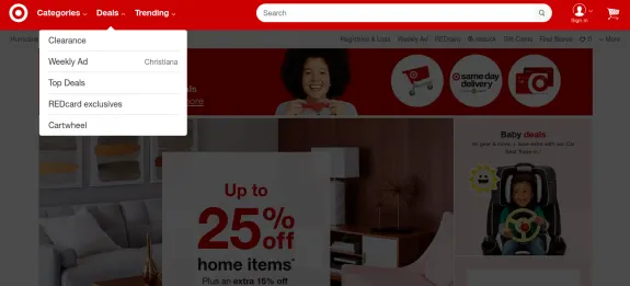 Target website showing home and baby item deals and discounts.