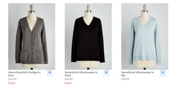 Three women's cardigans on mannequins: grey, black, and sky blue, with prices and stock levels.