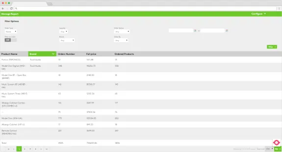 Inventory management software report table with product details and filter options.