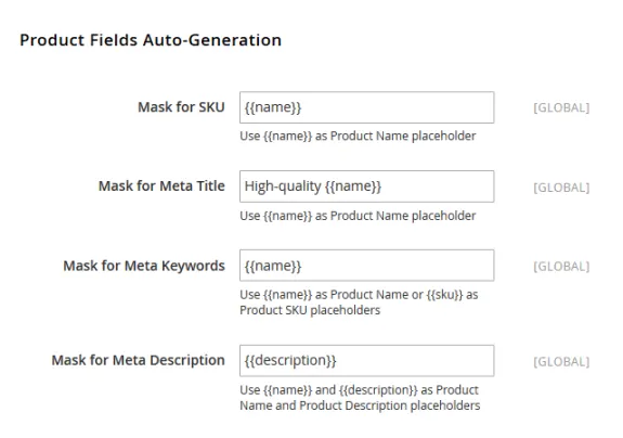 Product fields auto-generation template with placeholders for SKU, meta title, keywords, and description.