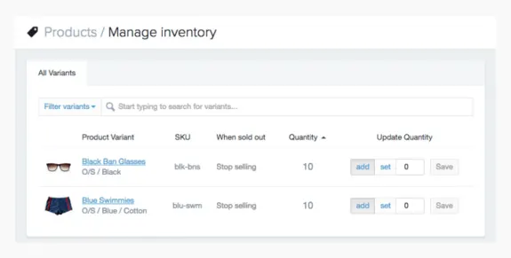 Product management dashboard with inventory details for glasses and swimwear.