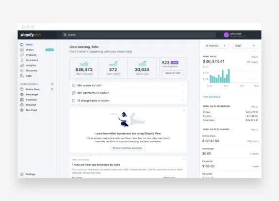 Shopify dashboard showing sales analytics and store performance metrics.