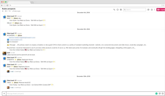 Screenshot of Slack sales prospects channel showing messages and interactions.
