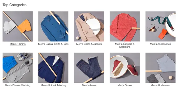 Grid of men's fashion categories including shirts, jackets, jumpers, accessories, fitness clothing, suits, jeans, shoes, and underwear.