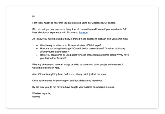 Customer feedback request email for Airtame wireless HDMI dongle with Amazon review suggestion.