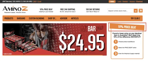 AminoZ MyBar Pro promotion with price beat offer and $24.95 price.