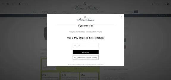Brooks Brothers popup offering free 2-day shipping with ShopRunner sign-up.
