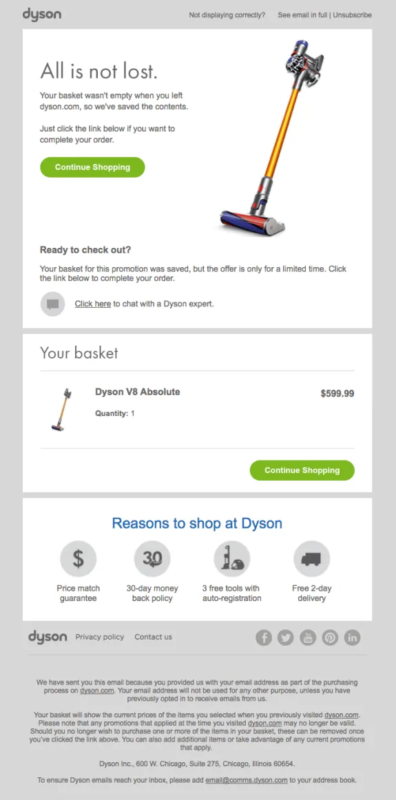 Dyson V8 Absolute vacuum promotion email reminding to complete purchase with basket details.