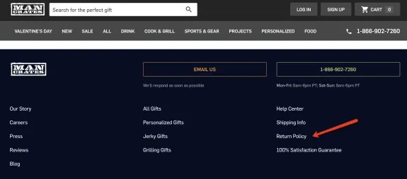 Man Crates website footer showing navigation links and contact information.