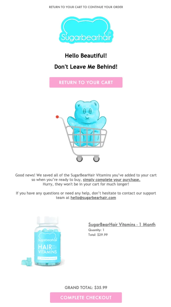 SugarBearHair cart reminder with vitamins in shopping cart and checkout options.