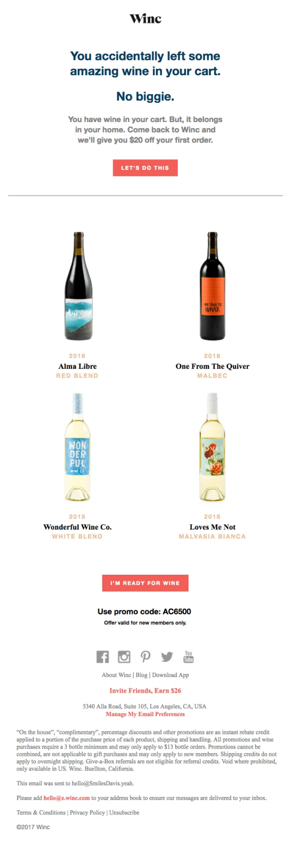 Winc promotional email offering $20 off first wine order with promo code AC6500.