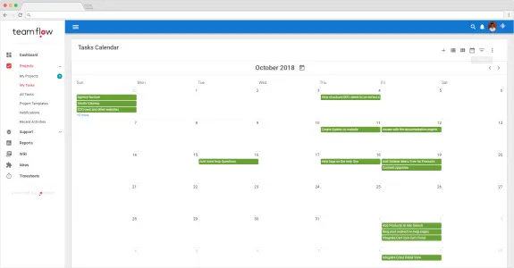 Screenshot of TeamFlow tasks calendar for October 2018 with scheduled tasks.