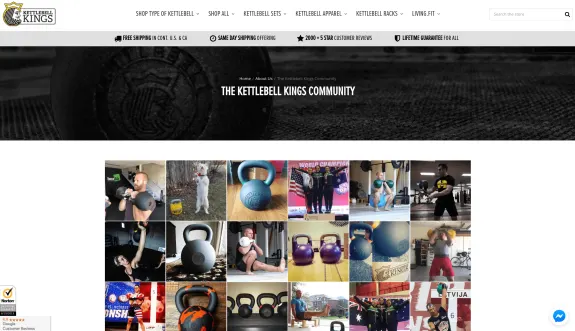 Kettlebell Kings community webpage featuring kettlebells and users in various workouts.