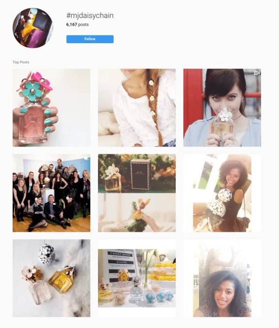 Instagram collage featuring Marc Jacobs Daisy perfume bottles and users.
