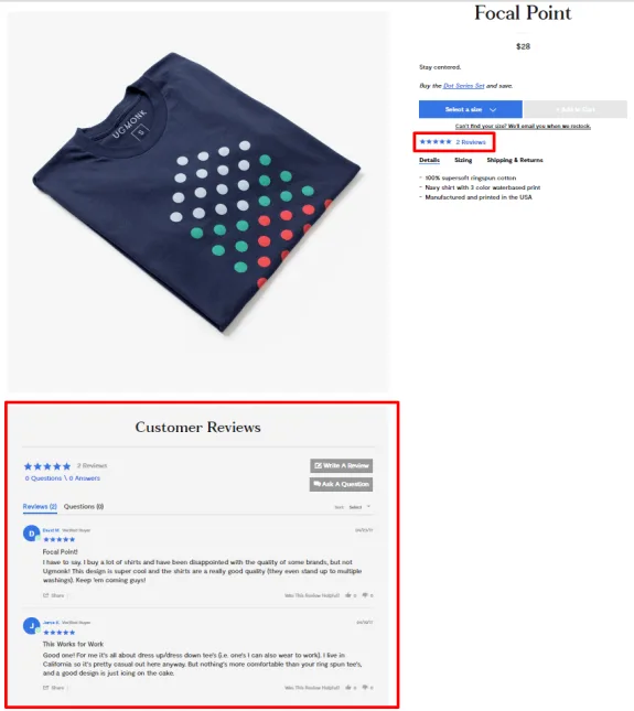 Navy t-shirt with multicolor dot pattern and customer reviews displayed.