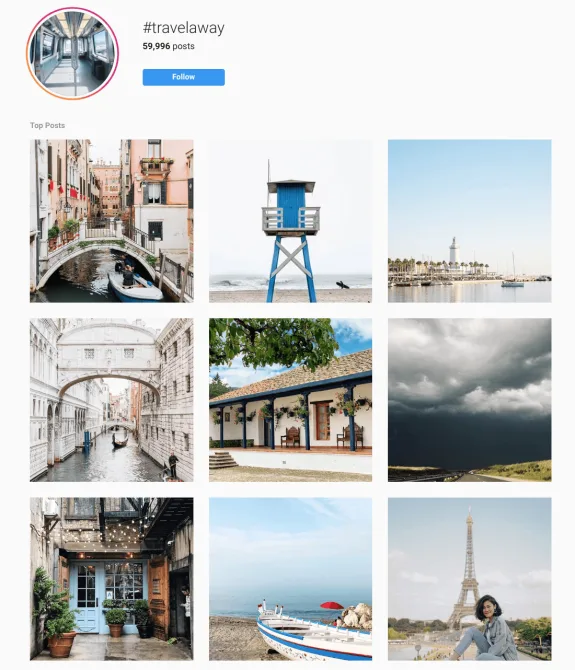 Instagram collage with travel photos including Venice canal, beach lifeguard tower, and Eiffel Tower.