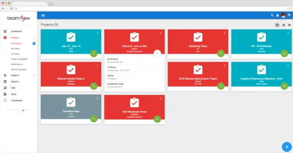 Project management dashboard interface with multiple project cards and navigation menu.