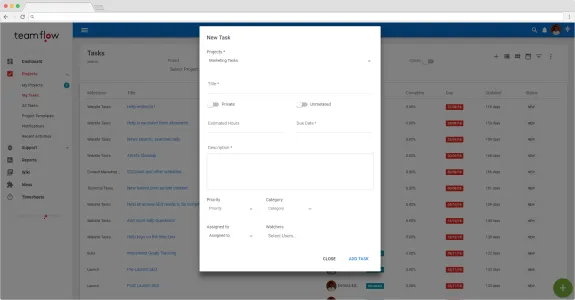 Task management dashboard with new task popup form open.