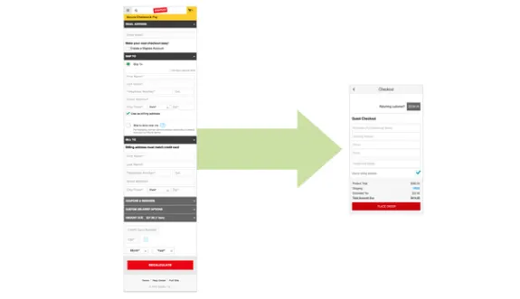 Comparison of two checkout page designs with an arrow between them.