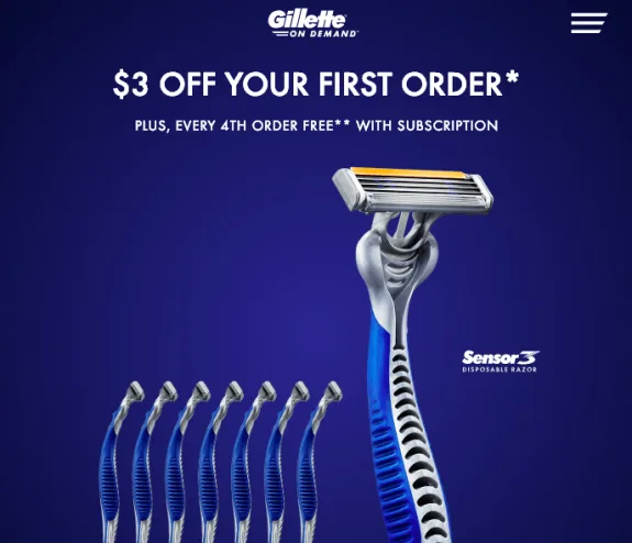 Gillette Sensor3 razor promotion with $3 off offer on blue background.