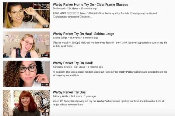 Screenshot of YouTube thumbnails for Warby Parker try-on and review videos.