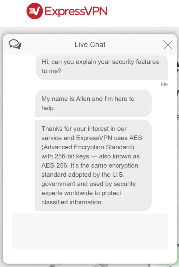 ExpressVPN live chat discussing security features and encryption standards.