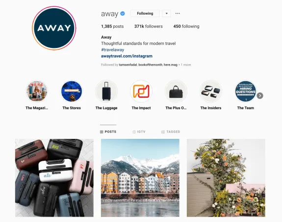 Away Travel Instagram profile showcasing luggage and travel images.