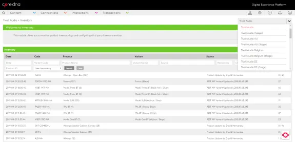 Screenshot of Tivoli Audio inventory dashboard showing product details and updates.