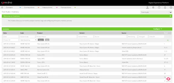 Core dna inventory management dashboard showing product logs and configurations.