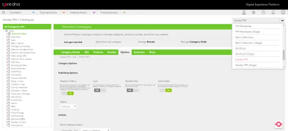 Dashboard showing product catalogue management interface with category options.
