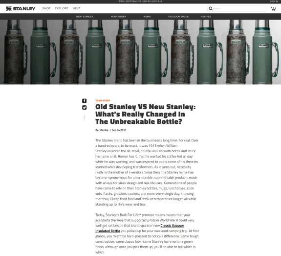Stanley bottle comparison showing old and new designs with article text.