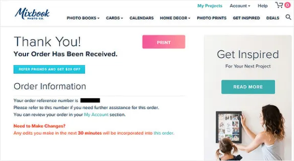 Order confirmation page from Mixbook with thank you message and project inspiration.