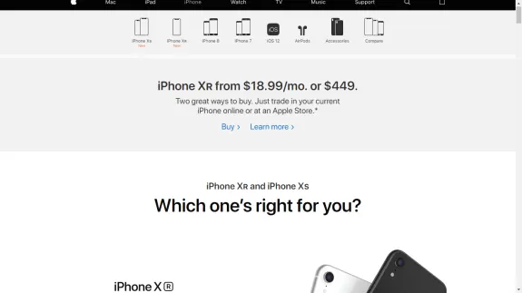 Apple iPhone XR and XS promotion page with pricing and options.
