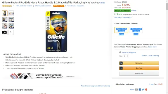 Gillette Fusion5 ProGlide razor with handle and 2 blade refills packaging.