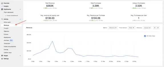 Analytics dashboard showing revenue chart and purchase statistics.
