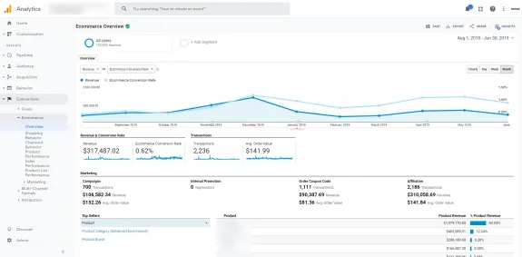 Google Analytics ecommerce overview report with revenue and conversion rate data.