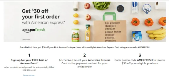 Amazon Fresh offer with American Express and promo code AMEXFRESH with groceries.