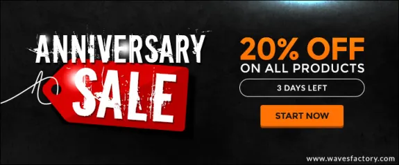 Anniversary sale banner offering 20 percent off on all products.