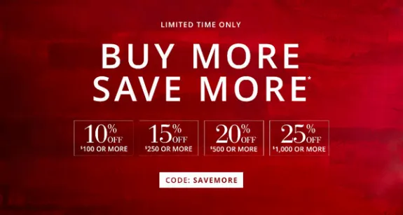Red promotional image with buy more save more sale offers and discount code.