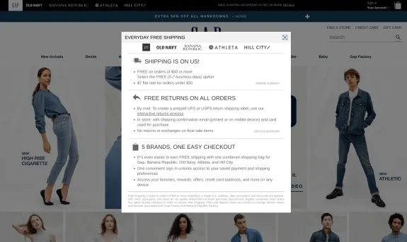 Popup displaying Gap's free shipping and returns promotion on a website with clothing images.