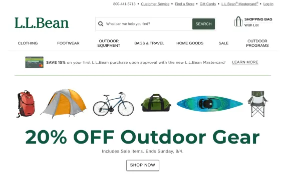 LL Bean outdoor gear sale banner with 20 percent off promotion