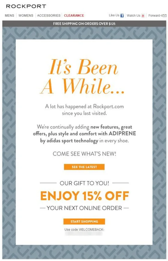 Rockport promotional email offering 15 percent off next online order with discount code.