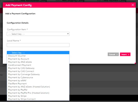 Add payment configuration screen with dropdown options for configuration items.