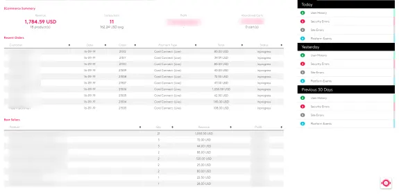 Ecommerce dashboard showing sales summary, recent orders, and best sellers.