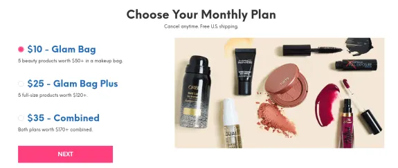 Monthly beauty plan options with makeup products and pricing details.